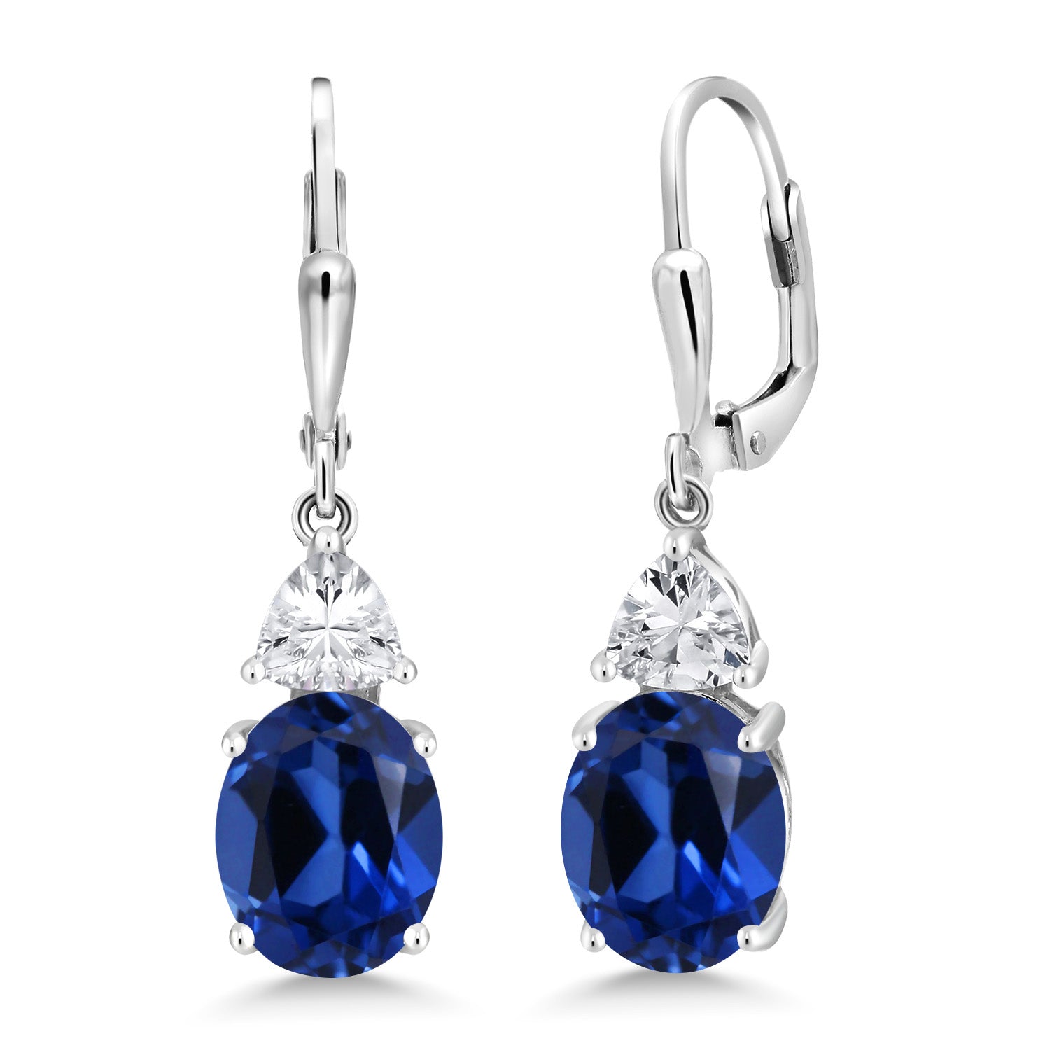 925 Sterling Silver Blue Created Sapphire Earrings | 6.60 Cttw | Oval 10X8MM | Trillion 5MM | Gemstone Birthstone | Drop Dangle Earrings For Women