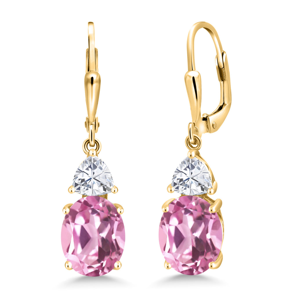 Gem Stone King 18K Yellow Gold Plated Silver Gemstone Birthstone and White Moissanite Leverback Dangle Earrings For Women | Oval 10X8MM | Trillion 5MM | Elegant Drop Design | Jewelry for Her Wife Mom