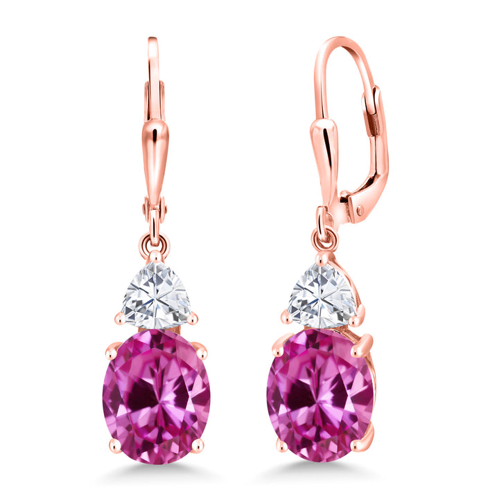 Gem Stone King 18K Rose Gold Plated Gemstone Birthstone and White Moissanite Leverback Dangle Earrings For Women | Oval 10X8MM and Trillion 5MM | Elegant Drop Design | Gift for Her Wife Mom