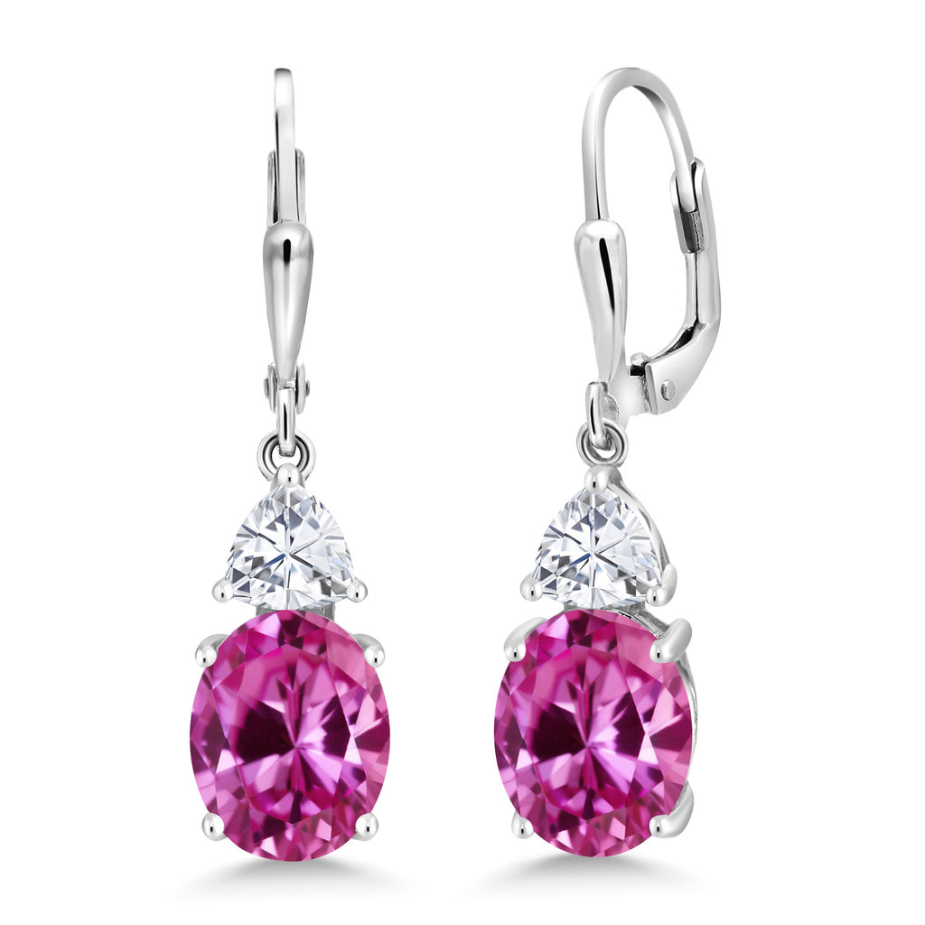 Gem Stone King Leverback Dangle Earrings For Women | Gemstone Birthstone and White Moissanite | 925 Sterling Silver | Oval 10X8MM | Trillion 5MM | Elegant Drop Design | Gift for Her Wife Mom