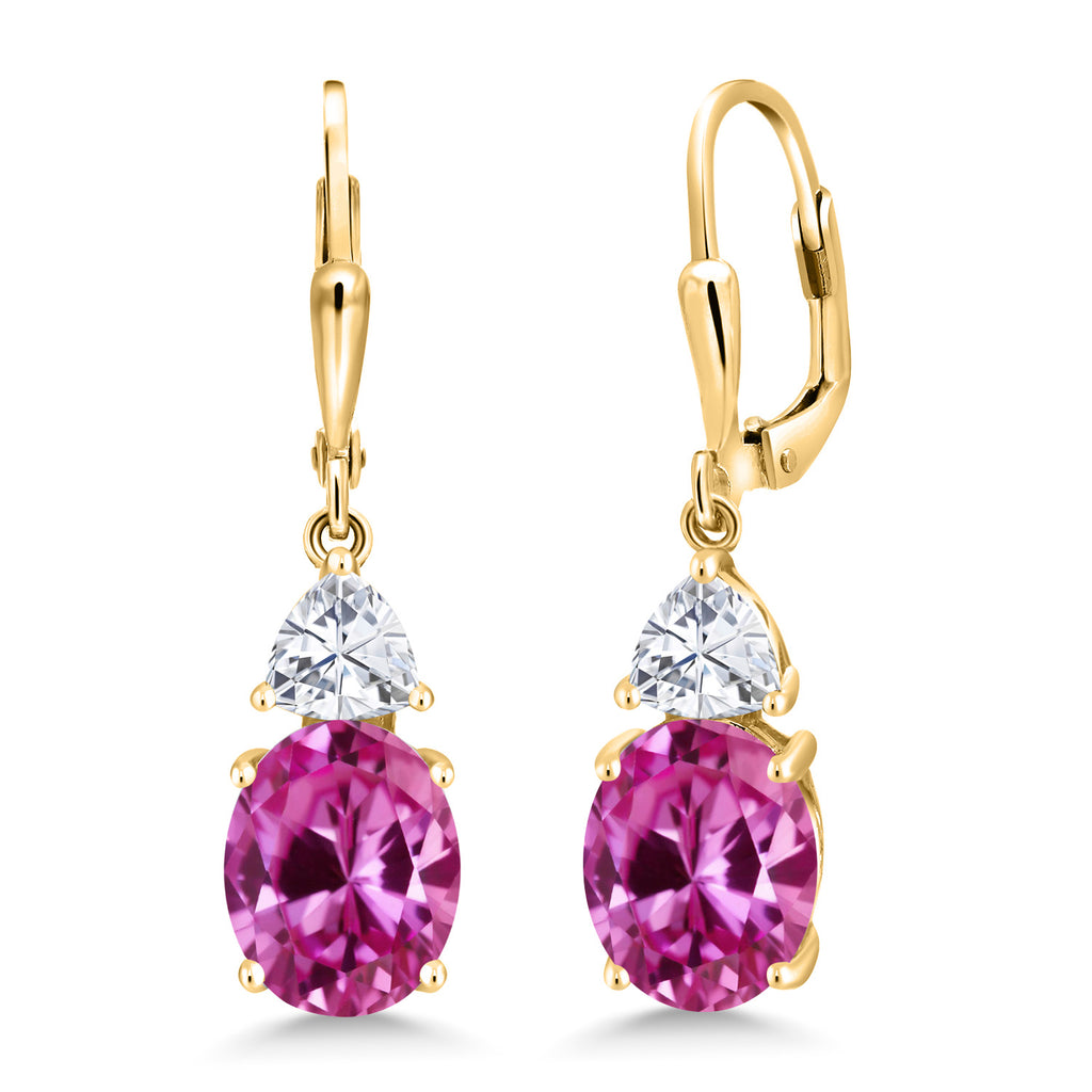 Gem Stone King 18K Yellow Gold Plated Silver Gemstone Birthstone and White Moissanite Leverback Dangle Earrings For Women | Oval 10X8MM | Trillion 5MM | Elegant Drop Design | Jewelry for Her Wife Mom