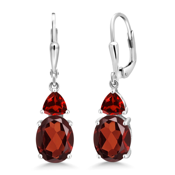 925 Sterling Silver Red Garnet Dangle Earrings For Women (6.68 Cttw, Gemstone January Birthstone, Oval 10X8MM, Trillion 5MM)