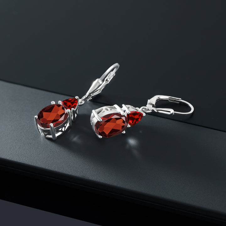 925 Sterling Silver Red Garnet Dangle Earrings For Women (6.68 Cttw, Gemstone January Birthstone, Oval 10X8MM, Trillion 5MM)