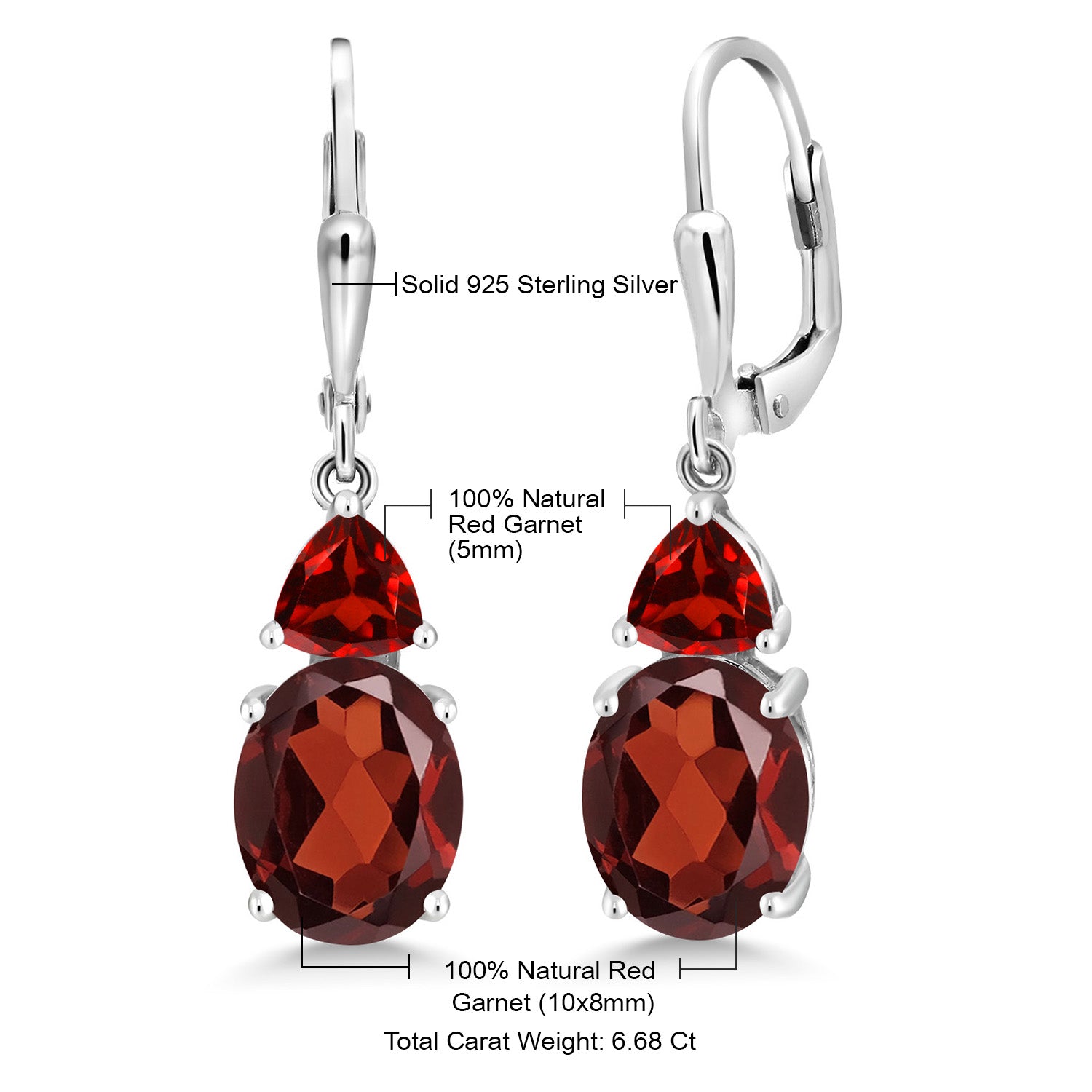 925 Sterling Silver Red Garnet Dangle Earrings For Women (6.68 Cttw, Gemstone January Birthstone, Oval 10X8MM, Trillion 5MM)