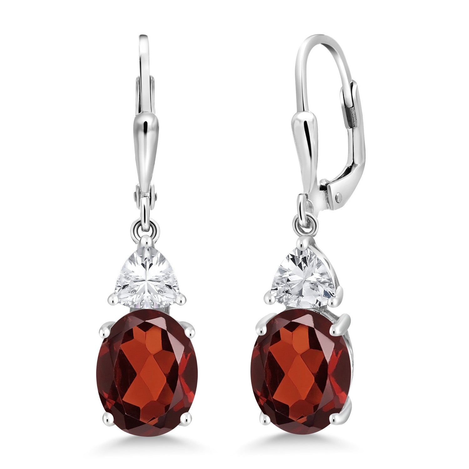 925 Sterling Silver Red Garnet and White Zirconia Dangle Earrings For Women (5.00 Cttw, Gemstone January Birthstone, Oval 10X8MM, Trillion 5MM)