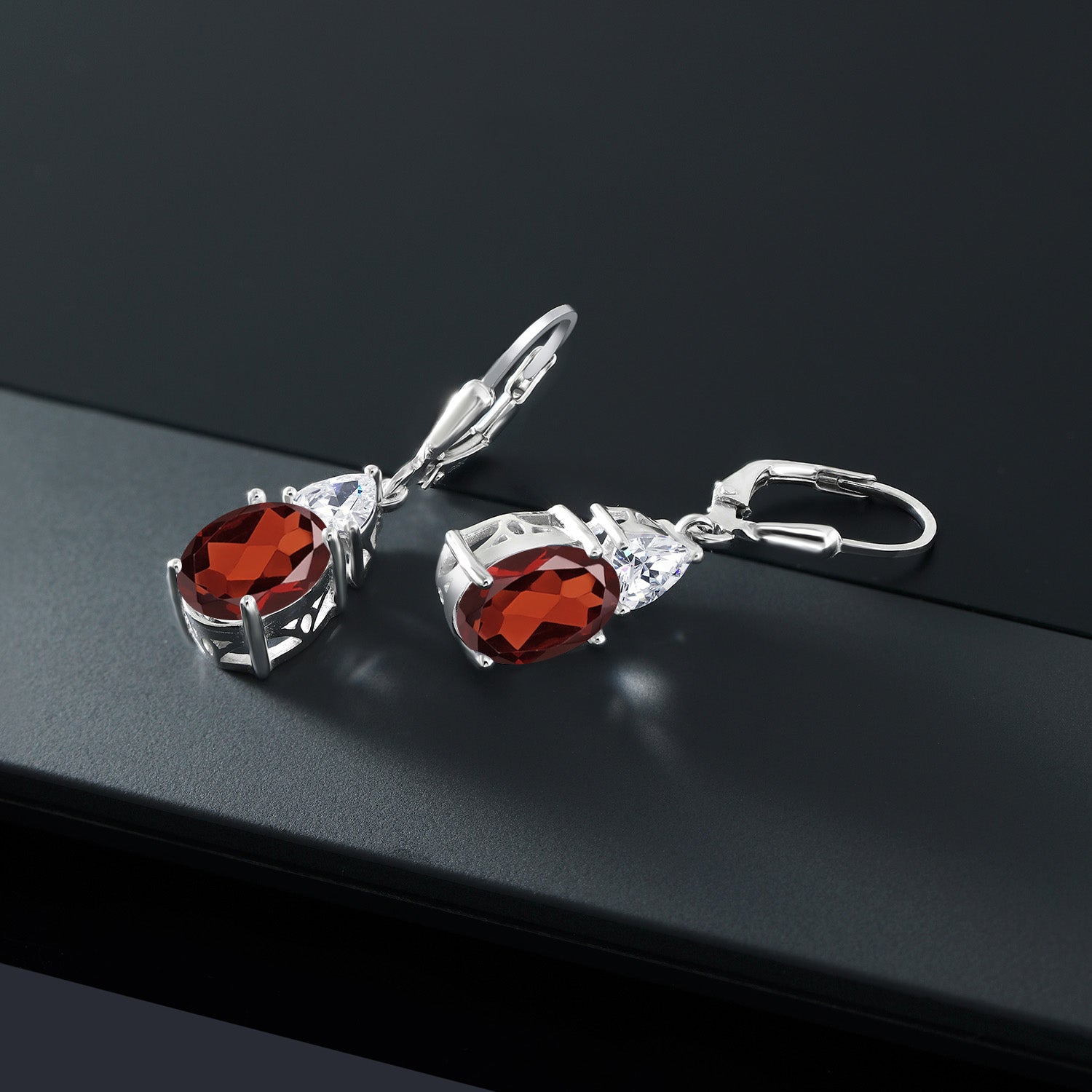 925 Sterling Silver Red Garnet and White Zirconia Dangle Earrings For Women (5.00 Cttw, Gemstone January Birthstone, Oval 10X8MM, Trillion 5MM)