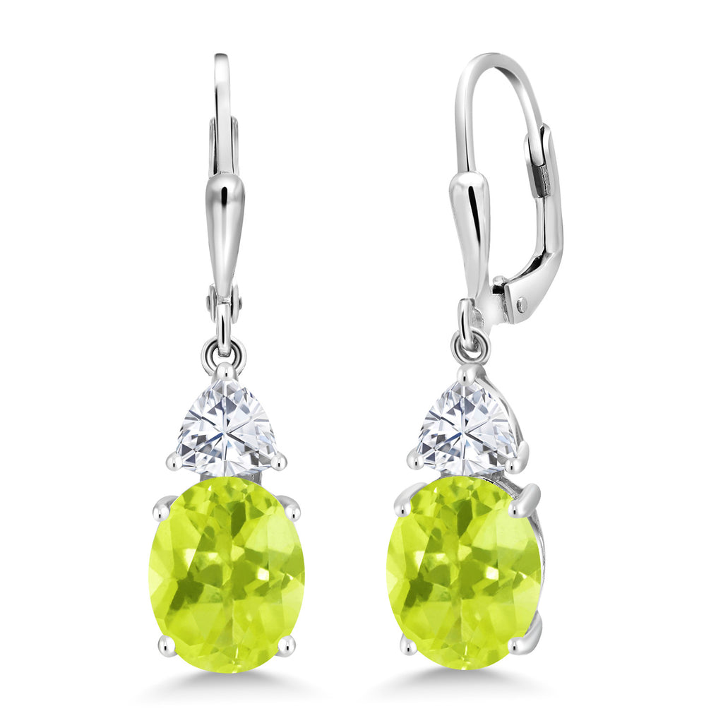 Gem Stone King Leverback Dangle Earrings For Women | Gemstone Birthstone and White Moissanite | 925 Sterling Silver | Oval 10X8MM | Trillion 5MM | Elegant Drop Design | Gift for Her Wife Mom