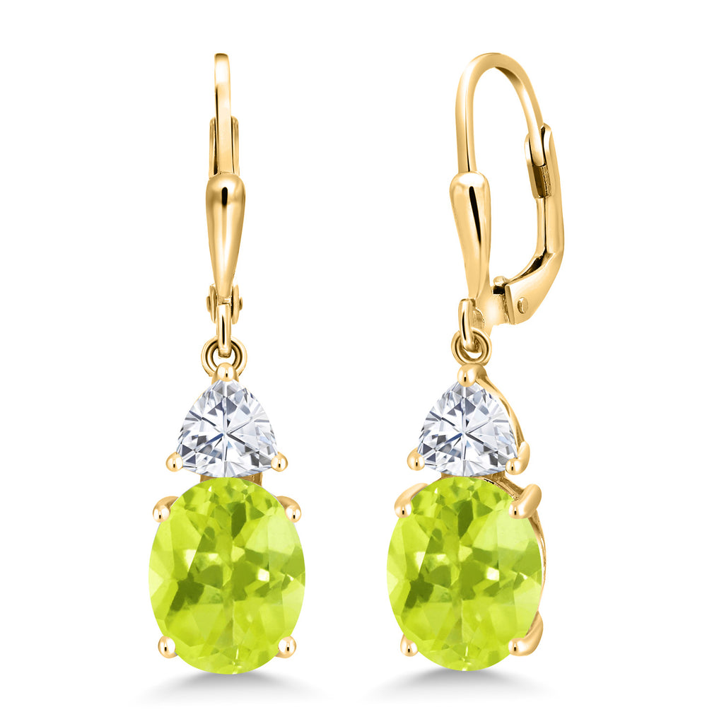 Gem Stone King 18K Yellow Gold Plated Silver Gemstone Birthstone and White Moissanite Leverback Dangle Earrings For Women | Oval 10X8MM | Trillion 5MM | Elegant Drop Design | Jewelry for Her Wife Mom