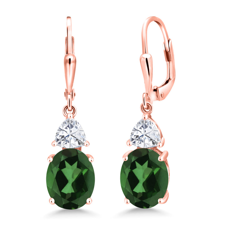 Gem Stone King 18K Rose Gold Plated Gemstone Birthstone and White Moissanite Leverback Dangle Earrings For Women | Oval 10X8MM and Trillion 5MM | Elegant Drop Design | Gift for Her Wife Mom