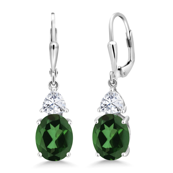 Gem Stone King Leverback Dangle Earrings For Women | Gemstone Birthstone and White Moissanite | 925 Sterling Silver | Oval 10X8MM | Trillion 5MM | Elegant Drop Design | Gift for Her Wife Mom