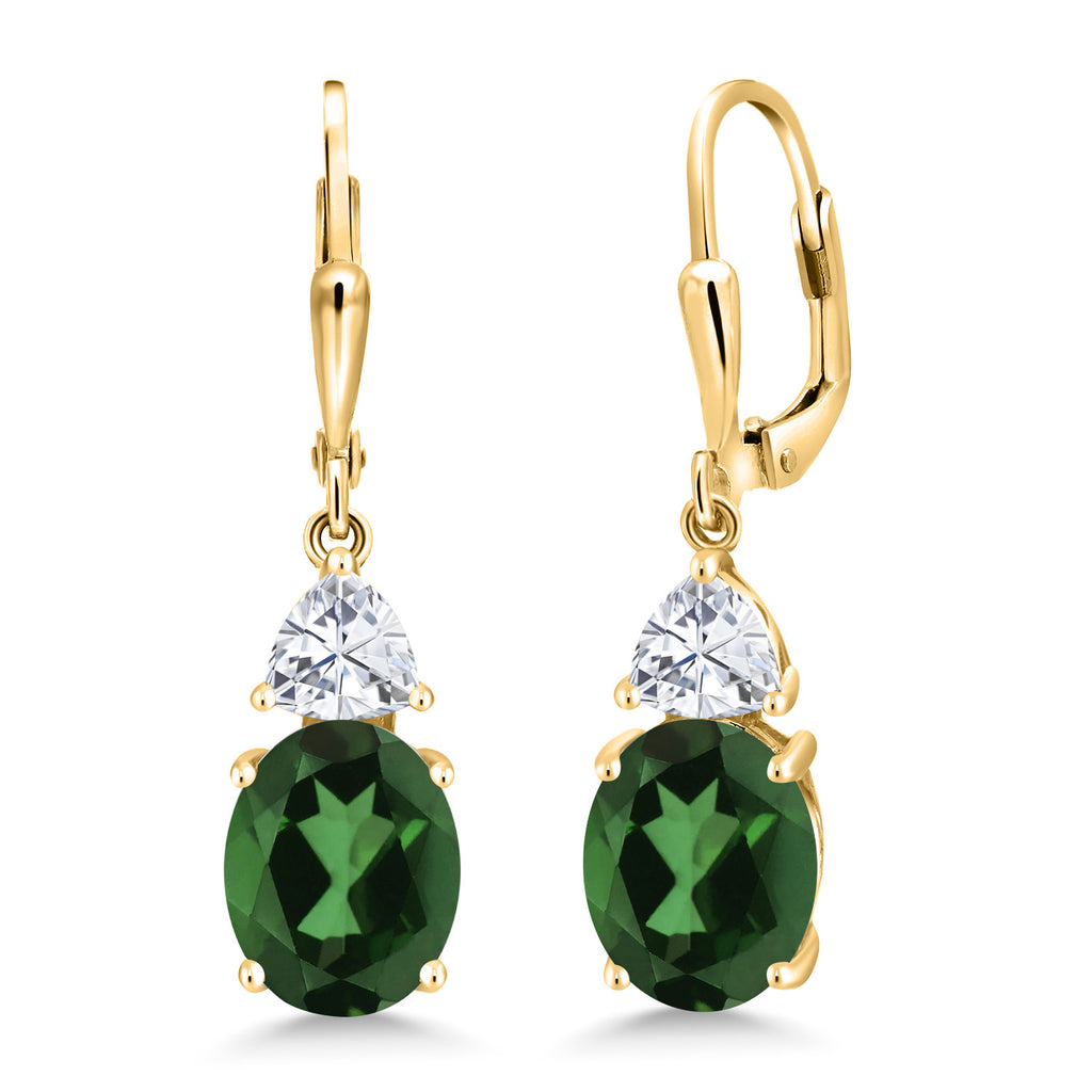 Gem Stone King 18K Yellow Gold Plated Silver Gemstone Birthstone and White Moissanite Leverback Dangle Earrings For Women | Oval 10X8MM | Trillion 5MM | Elegant Drop Design | Jewelry for Her Wife Mom