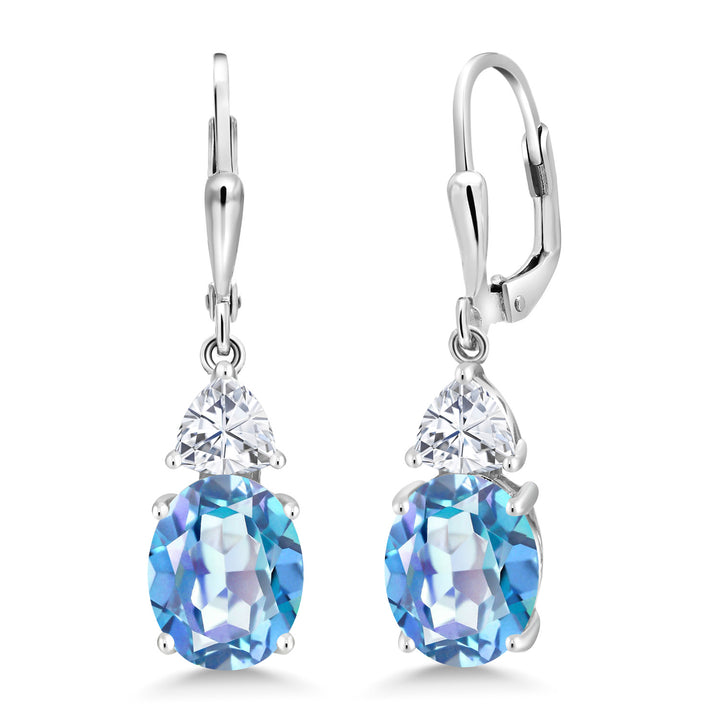 Gem Stone King Leverback Dangle Earrings For Women | Gemstone Birthstone and White Moissanite | 925 Sterling Silver | Oval 10X8MM | Trillion 5MM | Elegant Drop Design | Gift for Her Wife Mom