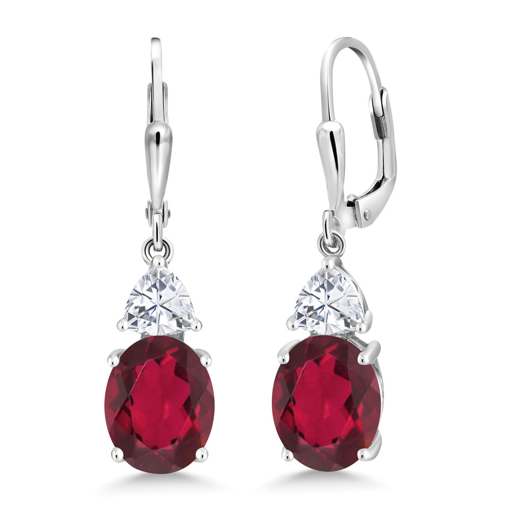 Gem Stone King Leverback Dangle Earrings For Women | Gemstone Birthstone and White Moissanite | 925 Sterling Silver | Oval 10X8MM | Trillion 5MM | Elegant Drop Design | Gift for Her Wife Mom