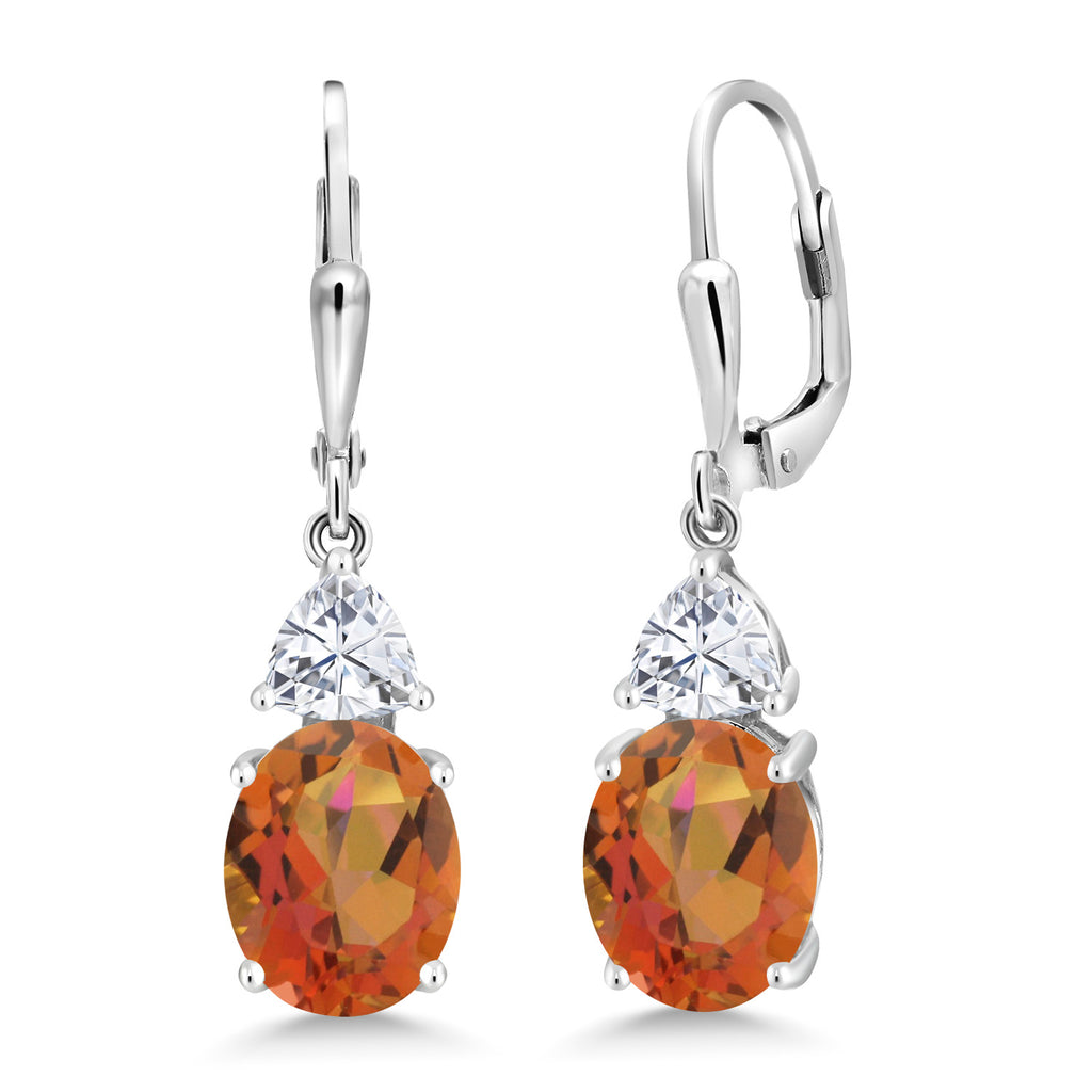 Gem Stone King Leverback Dangle Earrings For Women | Gemstone Birthstone and White Moissanite | 925 Sterling Silver | Oval 10X8MM | Trillion 5MM | Elegant Drop Design | Gift for Her Wife Mom