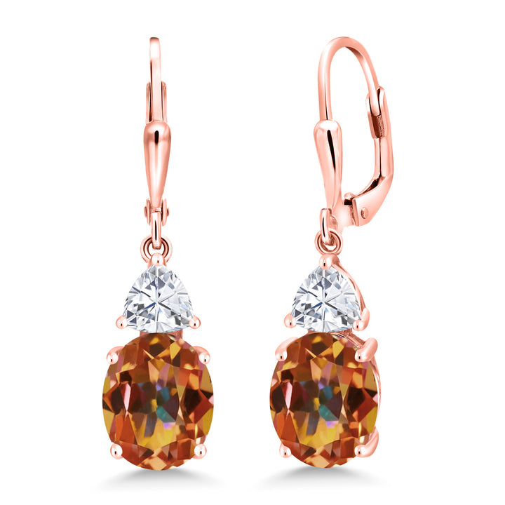 Gem Stone King 18K Rose Gold Plated Gemstone Birthstone and White Moissanite Leverback Dangle Earrings For Women | Oval 10X8MM and Trillion 5MM | Elegant Drop Design | Gift for Her Wife Mom