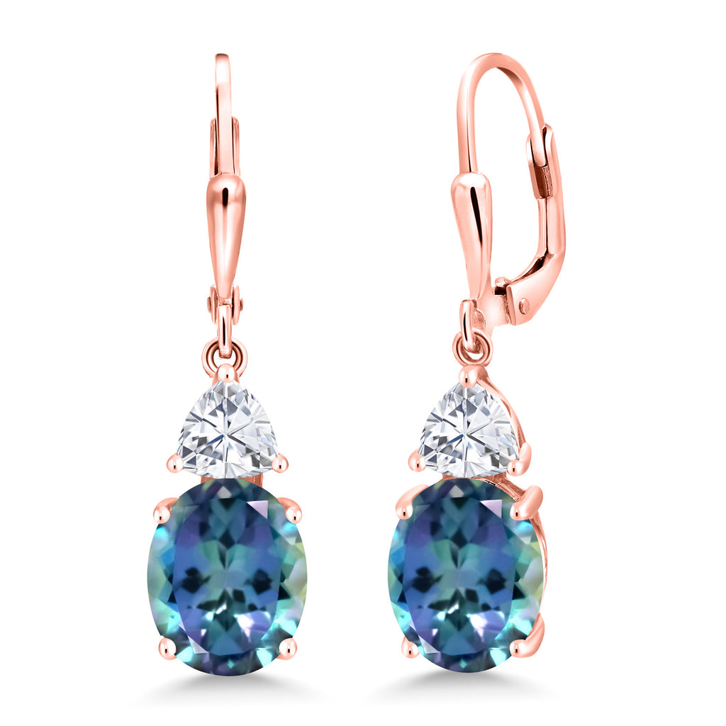 Gem Stone King 18K Rose Gold Plated Gemstone Birthstone and White Moissanite Leverback Dangle Earrings For Women | Oval 10X8MM and Trillion 5MM | Elegant Drop Design | Gift for Her Wife Mom