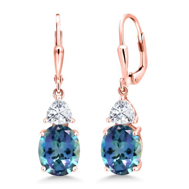 Gem Stone King 18K Rose Gold Plated Gemstone Birthstone and White Moissanite Leverback Dangle Earrings For Women | Oval 10X8MM and Trillion 5MM | Elegant Drop Design | Gift for Her Wife Mom
