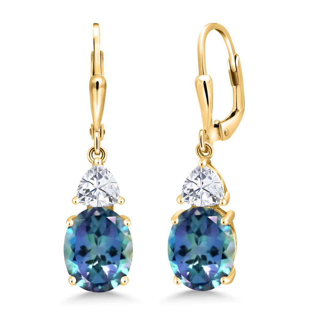 Gem Stone King 18K Yellow Gold Plated Silver Gemstone Birthstone and White Moissanite Leverback Dangle Earrings For Women | Oval 10X8MM | Trillion 5MM | Elegant Drop Design | Jewelry for Her Wife Mom