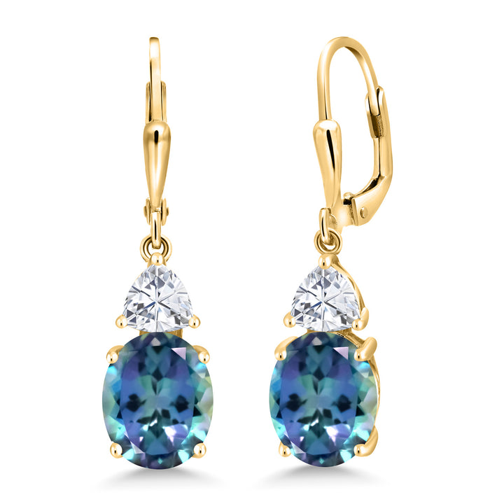 Gem Stone King 18K Yellow Gold Plated Silver Gemstone Birthstone and White Moissanite Leverback Dangle Earrings For Women | Oval 10X8MM | Trillion 5MM | Elegant Drop Design | Jewelry for Her Wife Mom