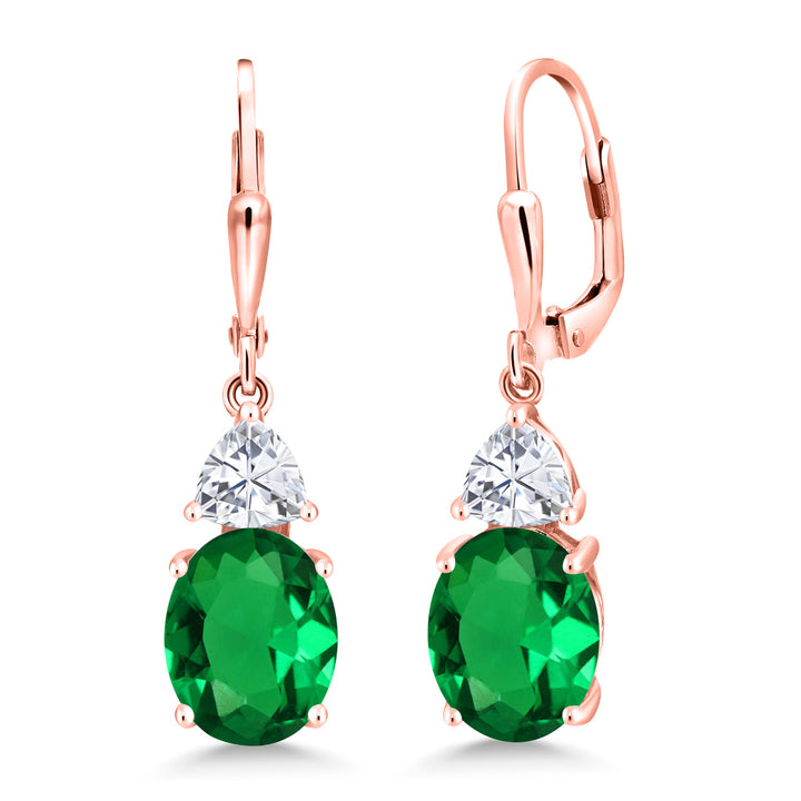 Gem Stone King 18K Rose Gold Plated Gemstone Birthstone and White Moissanite Leverback Dangle Earrings For Women | Oval 10X8MM and Trillion 5MM | Elegant Drop Design | Gift for Her Wife Mom