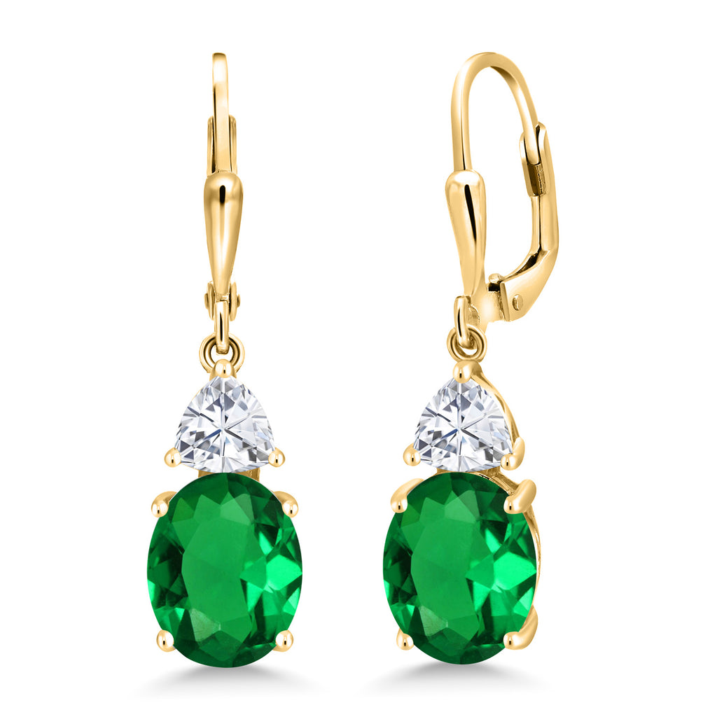 Gem Stone King 18K Yellow Gold Plated Silver Gemstone Birthstone and White Moissanite Leverback Dangle Earrings For Women | Oval 10X8MM | Trillion 5MM | Elegant Drop Design | Jewelry for Her Wife Mom