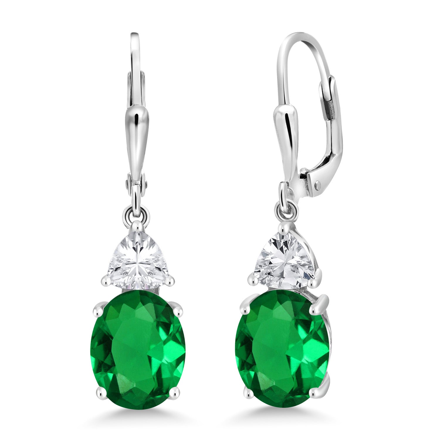 925 Sterling Silver Green Nano Emerald and White Zirconia Dangle Earrings For Women (4.40 Cttw, Gemstone May Birthstone, Oval 10X8MM, Trillion 5MM)