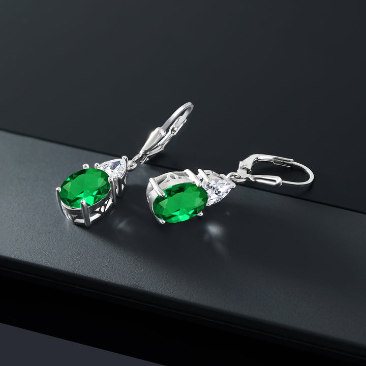 925 Sterling Silver Green Nano Emerald and White Zirconia Dangle Earrings For Women (4.40 Cttw, Gemstone May Birthstone, Oval 10X8MM, Trillion 5MM)