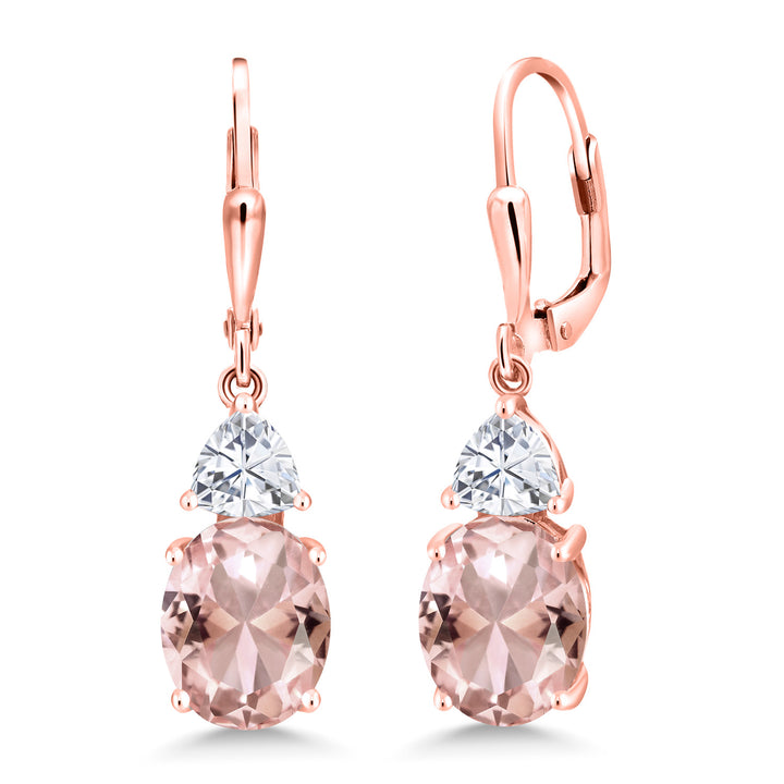 18K Rose Gold Plated Silver Peach Nano Morganite and White Moissanite Dangle Earrings For Women (5.58 Cttw, Gemstone October Birthstone, Oval 10X8MM, Trillion 5MM)