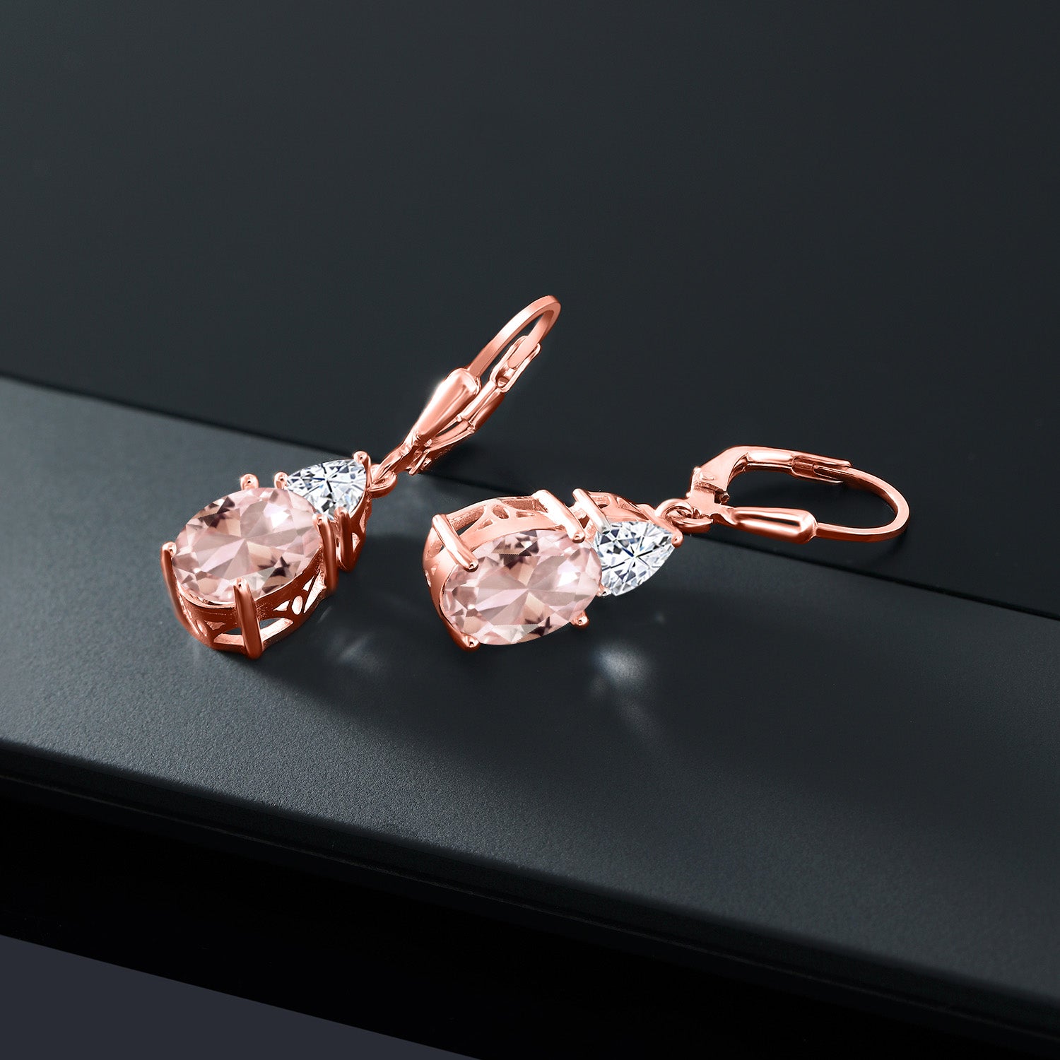 18K Rose Gold Plated Silver Peach Nano Morganite and White Moissanite Dangle Earrings For Women (5.58 Cttw, Gemstone October Birthstone, Oval 10X8MM, Trillion 5MM)