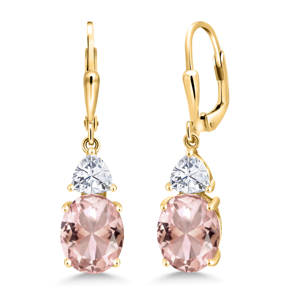 Gem Stone King 18K Yellow Gold Plated Silver Gemstone Birthstone and White Moissanite Leverback Dangle Earrings For Women | Oval 10X8MM | Trillion 5MM | Elegant Drop Design | Jewelry for Her Wife Mom