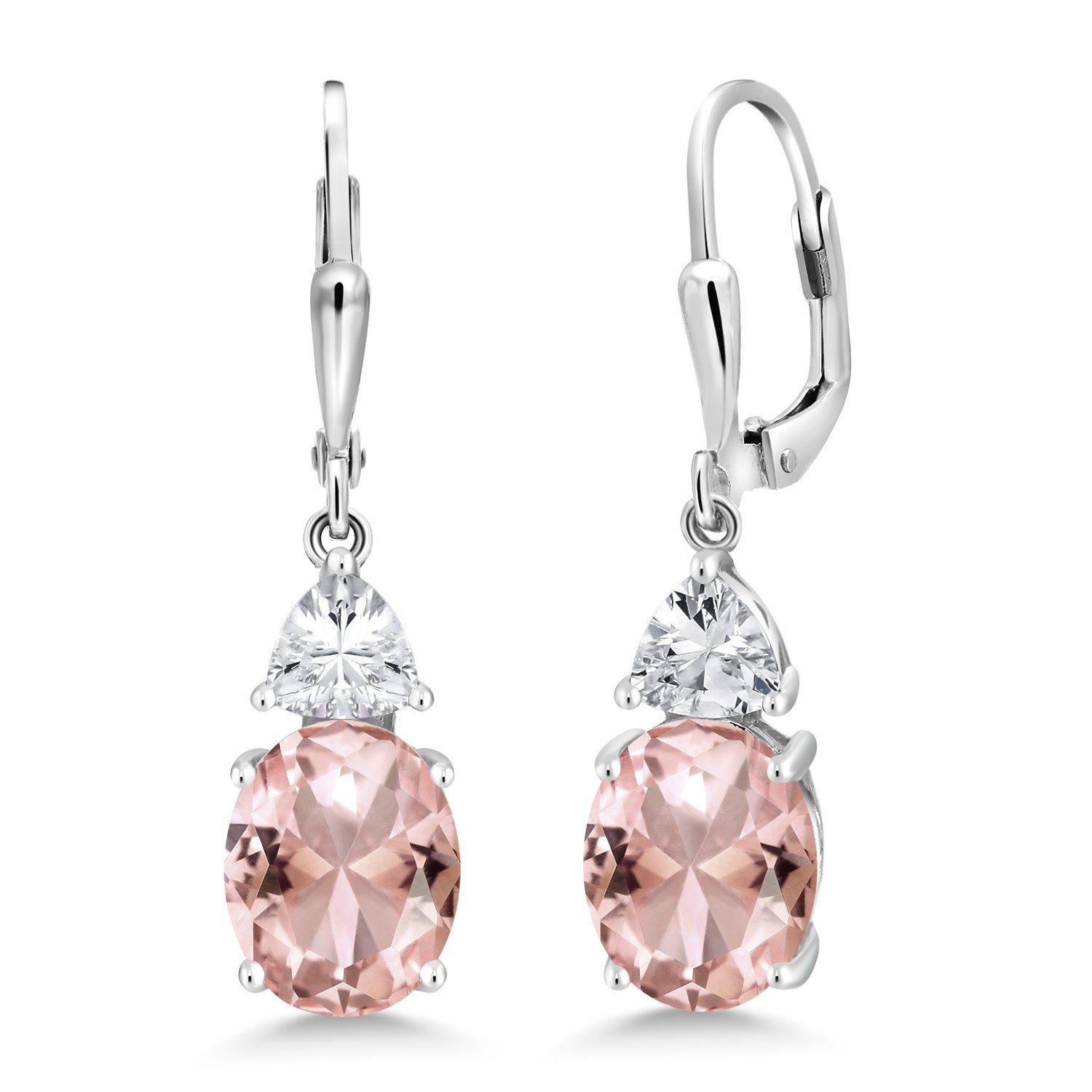 925 Sterling Silver Peach Nano Morganite and White Zirconia Dangle Earrings For Women (6.18 Cttw, Gemstone October Birthstone, Oval 10X8MM, Trillion 5MM)