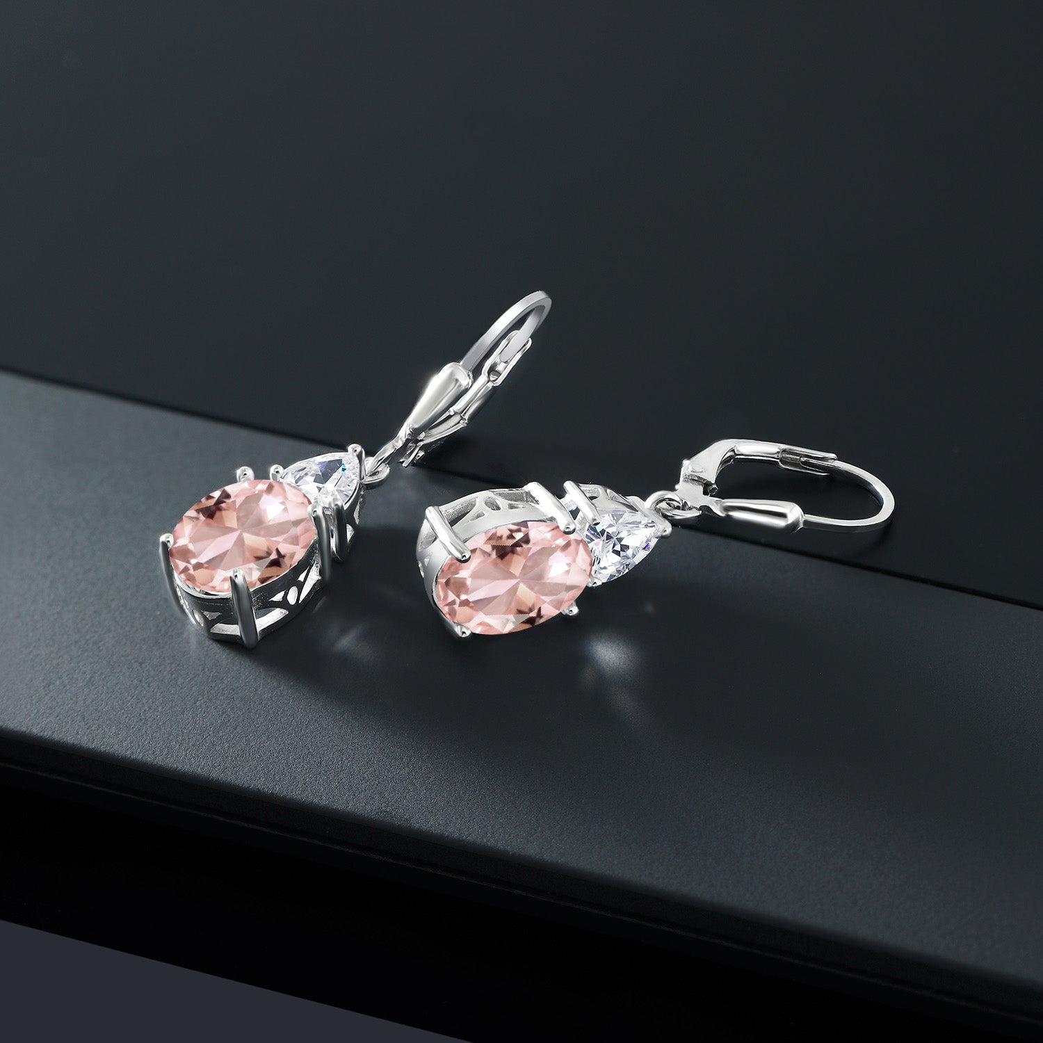 925 Sterling Silver Peach Nano Morganite and White Zirconia Dangle Earrings For Women (6.18 Cttw, Gemstone October Birthstone, Oval 10X8MM, Trillion 5MM)