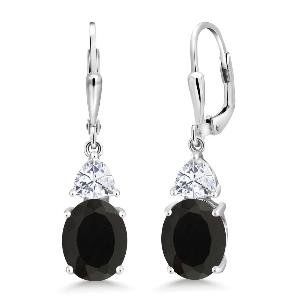 Gem Stone King Leverback Dangle Earrings For Women | Gemstone Birthstone and White Moissanite | 925 Sterling Silver | Oval 10X8MM | Trillion 5MM | Elegant Drop Design | Gift for Her Wife Mom