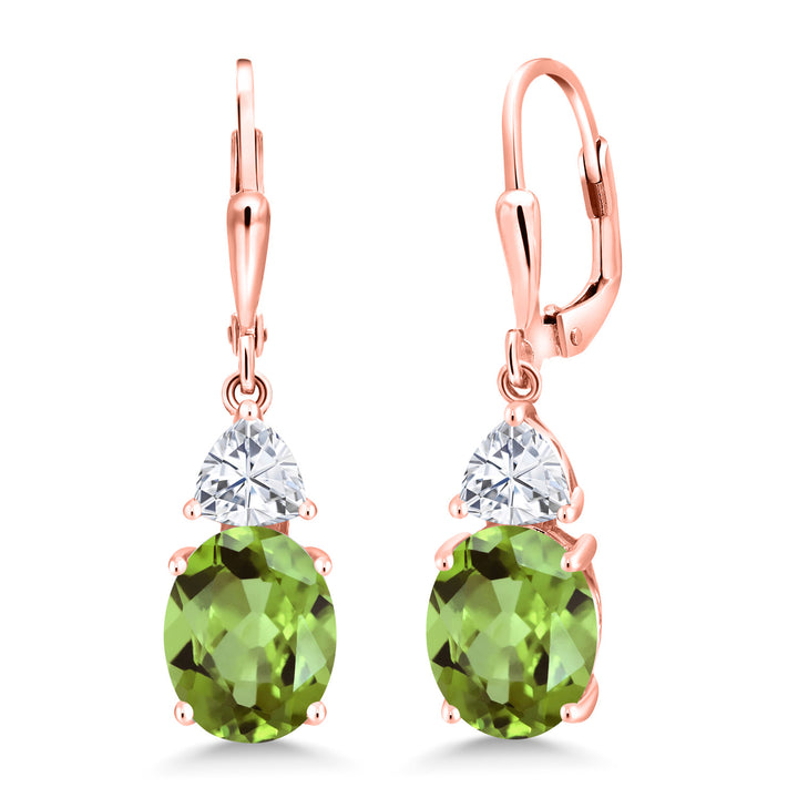 Gem Stone King 18K Rose Gold Plated Gemstone Birthstone and White Moissanite Leverback Dangle Earrings For Women | Oval 10X8MM and Trillion 5MM | Elegant Drop Design | Gift for Her Wife Mom