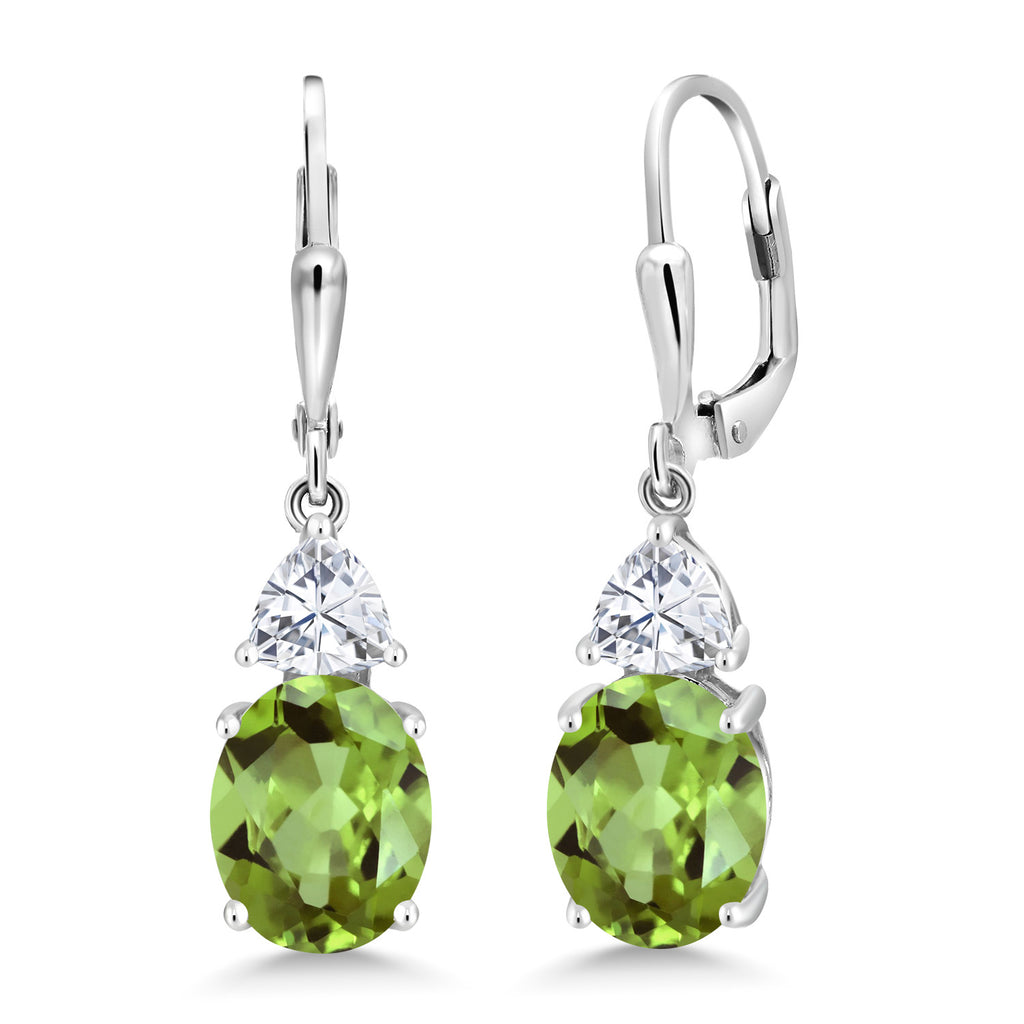 Gem Stone King Leverback Dangle Earrings For Women | Gemstone Birthstone and White Moissanite | 925 Sterling Silver | Oval 10X8MM | Trillion 5MM | Elegant Drop Design | Gift for Her Wife Mom