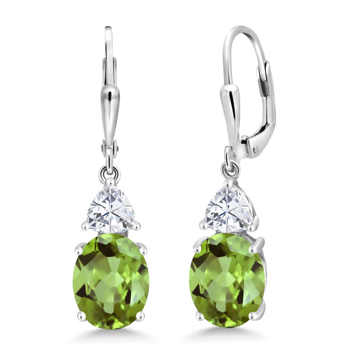 Gem Stone King Leverback Dangle Earrings For Women | Gemstone Birthstone and White Moissanite | 925 Sterling Silver | Oval 10X8MM | Trillion 5MM | Elegant Drop Design | Gift for Her Wife Mom