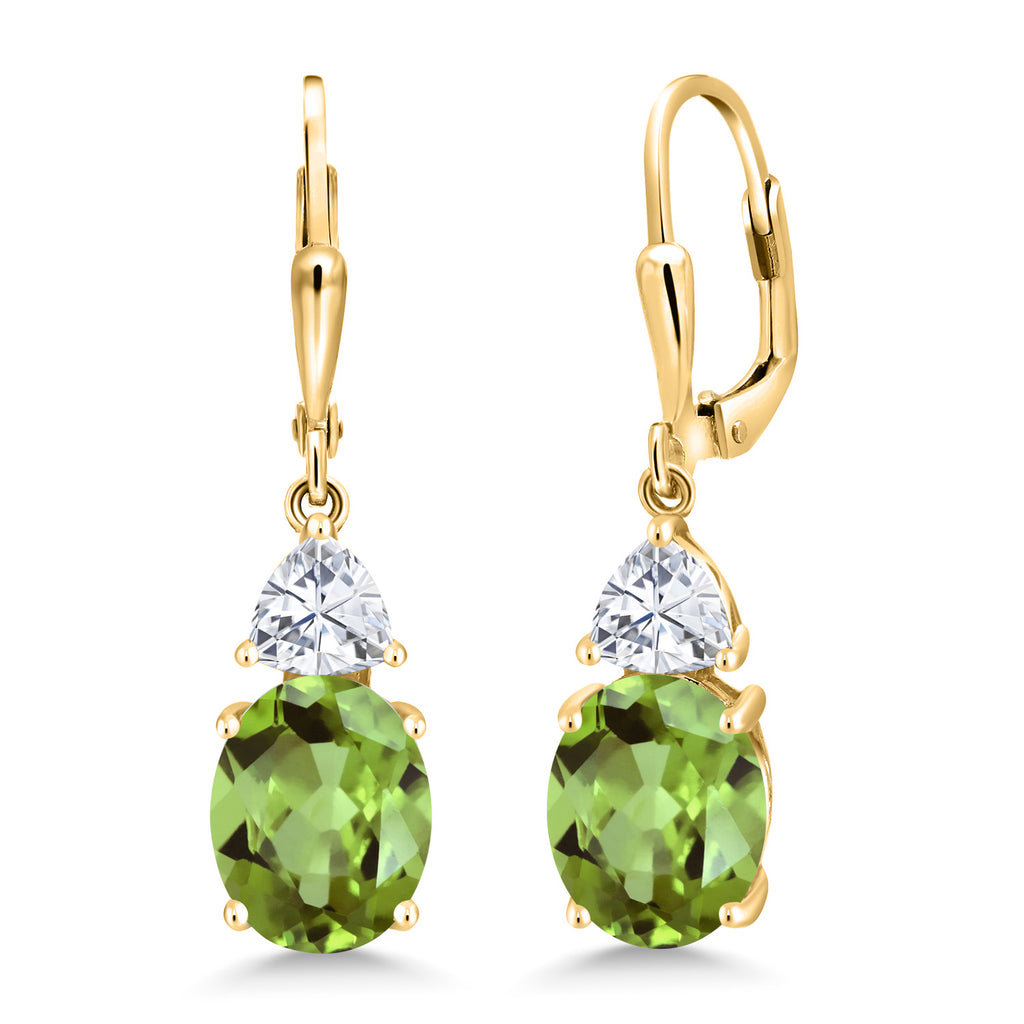 Gem Stone King 18K Yellow Gold Plated Silver Gemstone Birthstone and White Moissanite Leverback Dangle Earrings For Women | Oval 10X8MM | Trillion 5MM | Elegant Drop Design | Jewelry for Her Wife Mom