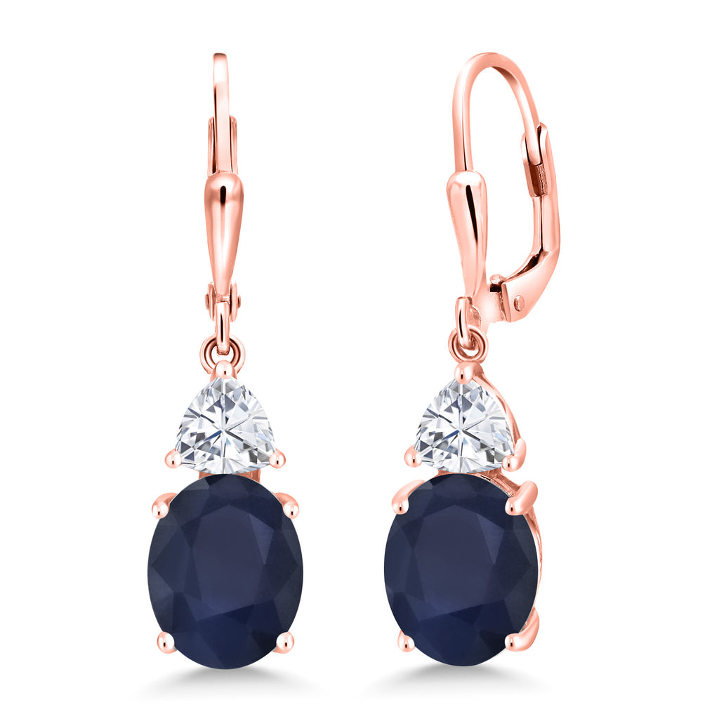 Gem Stone King 18K Rose Gold Plated Gemstone Birthstone and White Moissanite Leverback Dangle Earrings For Women | Oval 10X8MM and Trillion 5MM | Elegant Drop Design | Gift for Her Wife Mom