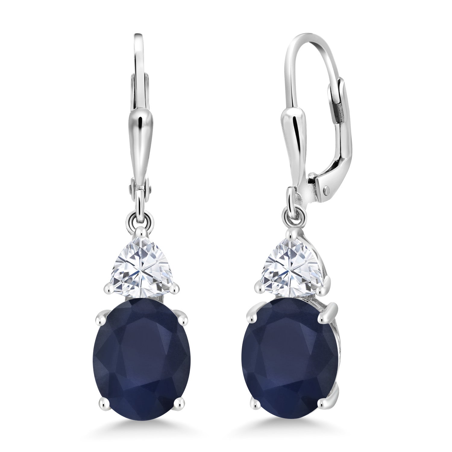 925 Sterling Silver Blue Sapphire and White Moissanite Dangle Earrings For Women (6.94 Cttw, Gemstone September Birthstone, Oval 10X8MM, Trillion 5MM)