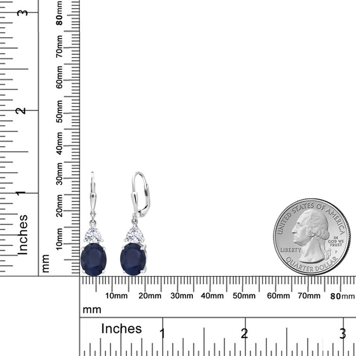 925 Sterling Silver Blue Sapphire and White Moissanite Dangle Earrings For Women (6.94 Cttw, Gemstone September Birthstone, Oval 10X8MM, Trillion 5MM)