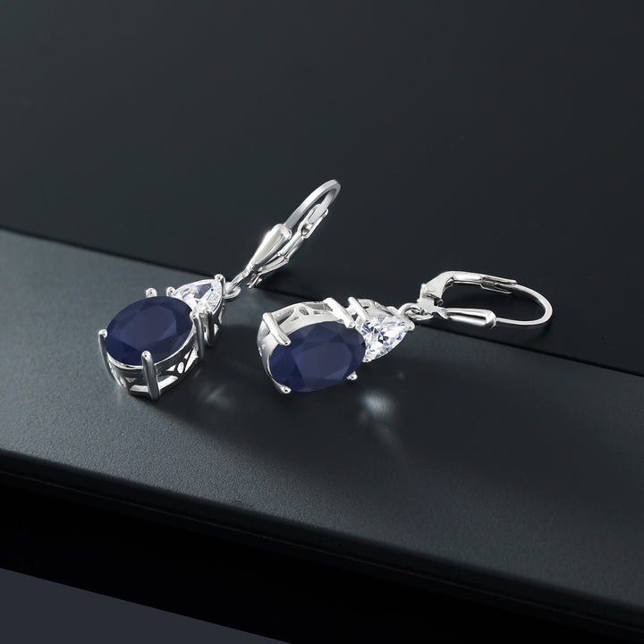 925 Sterling Silver Blue Sapphire and White Moissanite Dangle Earrings For Women (6.94 Cttw, Gemstone September Birthstone, Oval 10X8MM, Trillion 5MM)