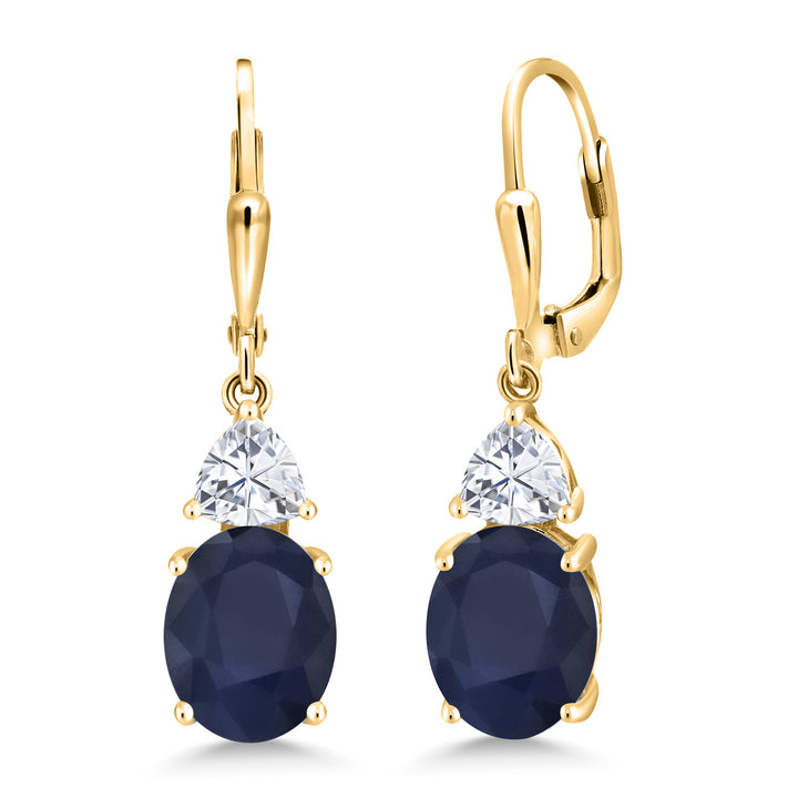 Gem Stone King 18K Yellow Gold Plated Silver Gemstone Birthstone and White Moissanite Leverback Dangle Earrings For Women | Oval 10X8MM | Trillion 5MM | Elegant Drop Design | Jewelry for Her Wife Mom