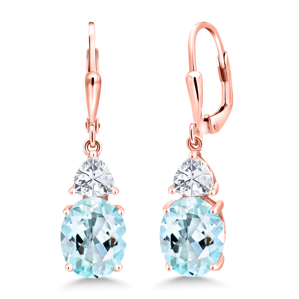 Gem Stone King 18K Rose Gold Plated Gemstone Birthstone and White Moissanite Leverback Dangle Earrings For Women | Oval 10X8MM and Trillion 5MM | Elegant Drop Design | Gift for Her Wife Mom