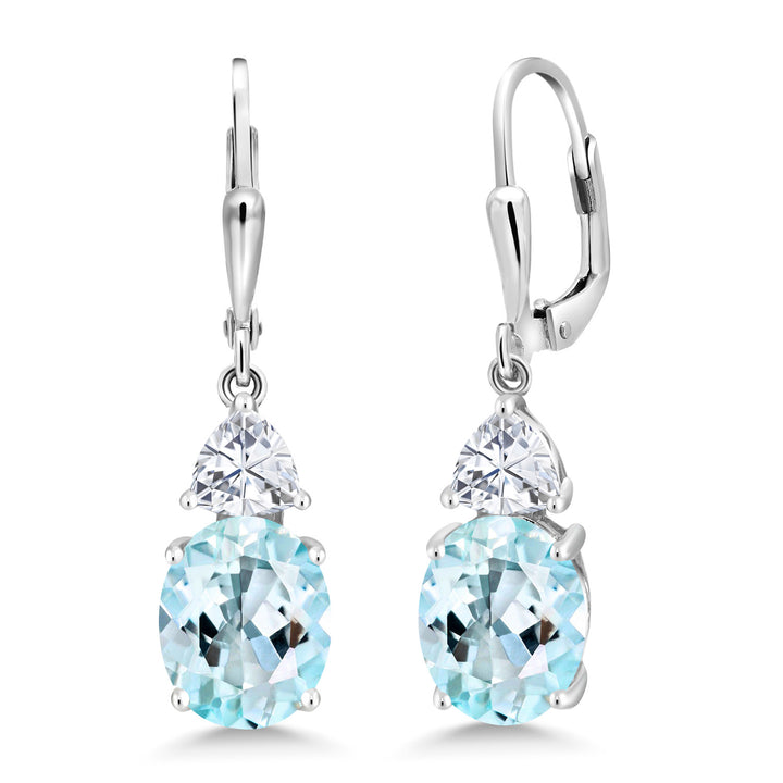 Gem Stone King Leverback Dangle Earrings For Women | Gemstone Birthstone and White Moissanite | 925 Sterling Silver | Oval 10X8MM | Trillion 5MM | Elegant Drop Design | Gift for Her Wife Mom