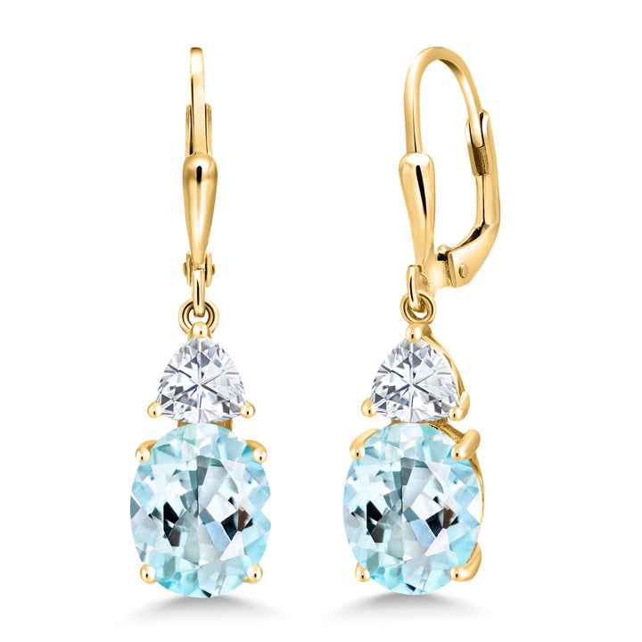 Gem Stone King 18K Yellow Gold Plated Silver Gemstone Birthstone and White Moissanite Leverback Dangle Earrings For Women | Oval 10X8MM | Trillion 5MM | Elegant Drop Design | Jewelry for Her Wife Mom