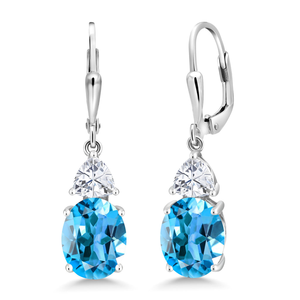 Gem Stone King Leverback Dangle Earrings For Women | Gemstone Birthstone and White Moissanite | 925 Sterling Silver | Oval 10X8MM | Trillion 5MM | Elegant Drop Design | Gift for Her Wife Mom