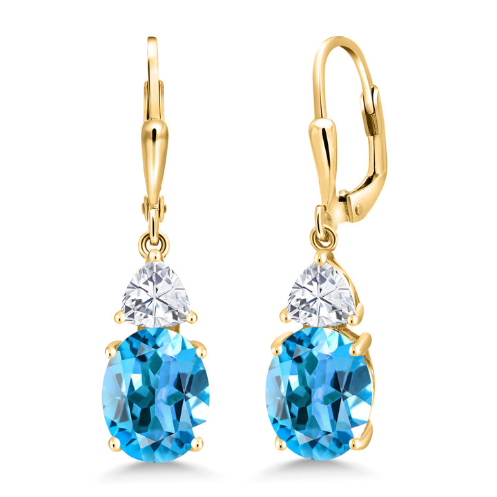 Gem Stone King 18K Yellow Gold Plated Silver Gemstone Birthstone and White Moissanite Leverback Dangle Earrings For Women | Oval 10X8MM | Trillion 5MM | Elegant Drop Design | Jewelry for Her Wife Mom