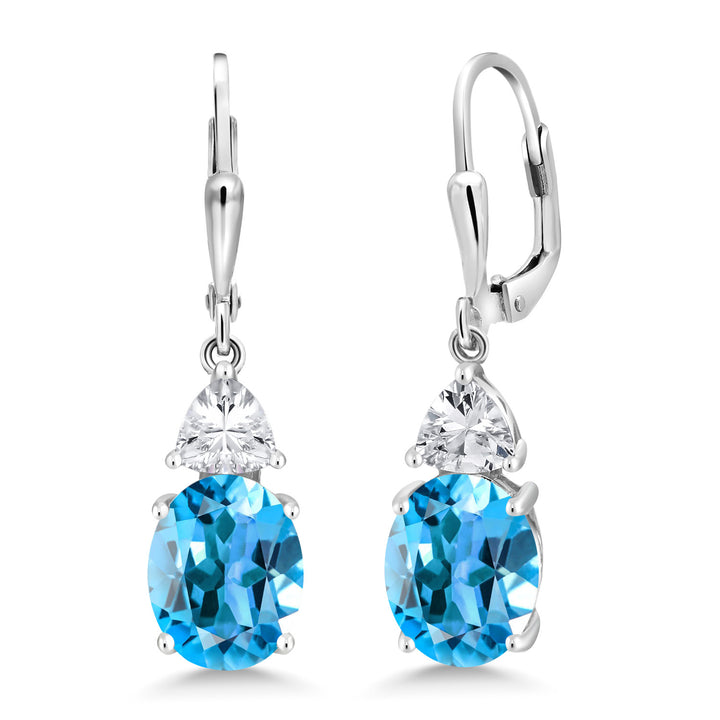 925 Sterling Silver Swiss Blue Topaz Dangle Earrings For Women | 5.40 Cttw | Gemstone November Birthstone | Oval 10X8MM | Trillion 5MM