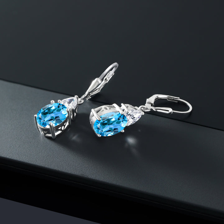 925 Sterling Silver Swiss Blue Topaz Dangle Earrings For Women | 5.40 Cttw | Gemstone November Birthstone | Oval 10X8MM | Trillion 5MM