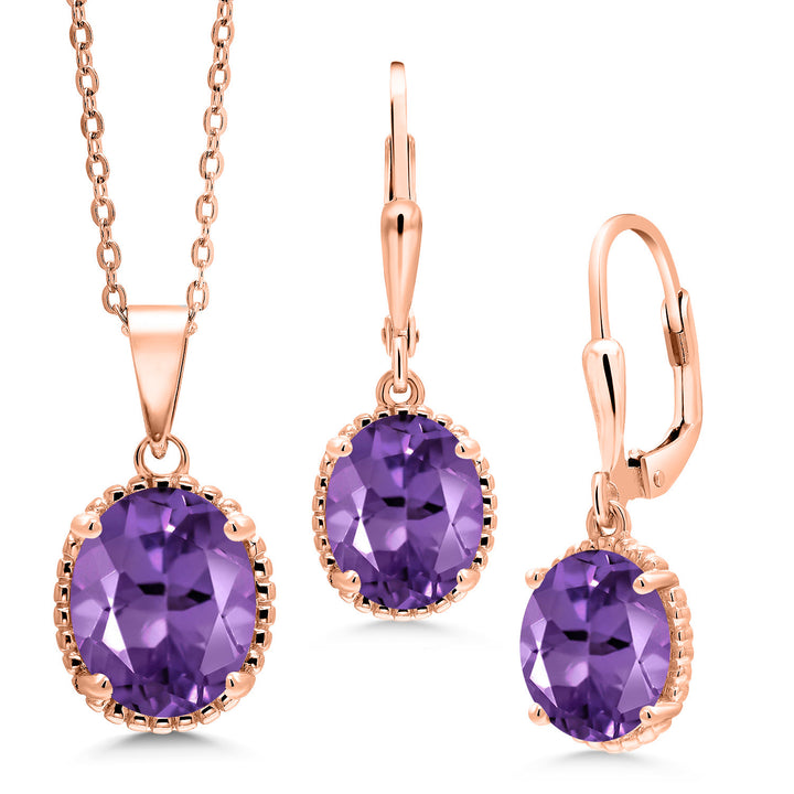 Amethyst - February_Pendant Earrings Set in 925 Rose Gold Plated Silver